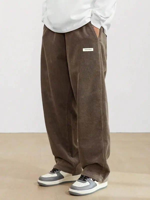 Men's Letter Label Patched Pocket Corduroy Pants, Casual Comfy Straight Leg Trousers for Fall & Winter, Men's Bottoms for Daily Wear 1