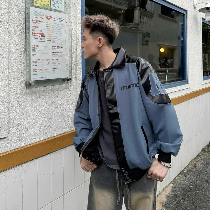 JACKET PHỐI DA MM - Áo khoác Bomber tay da chữ thêu form rộng nam nữ unisex màu XANH phối ĐEN Menswear