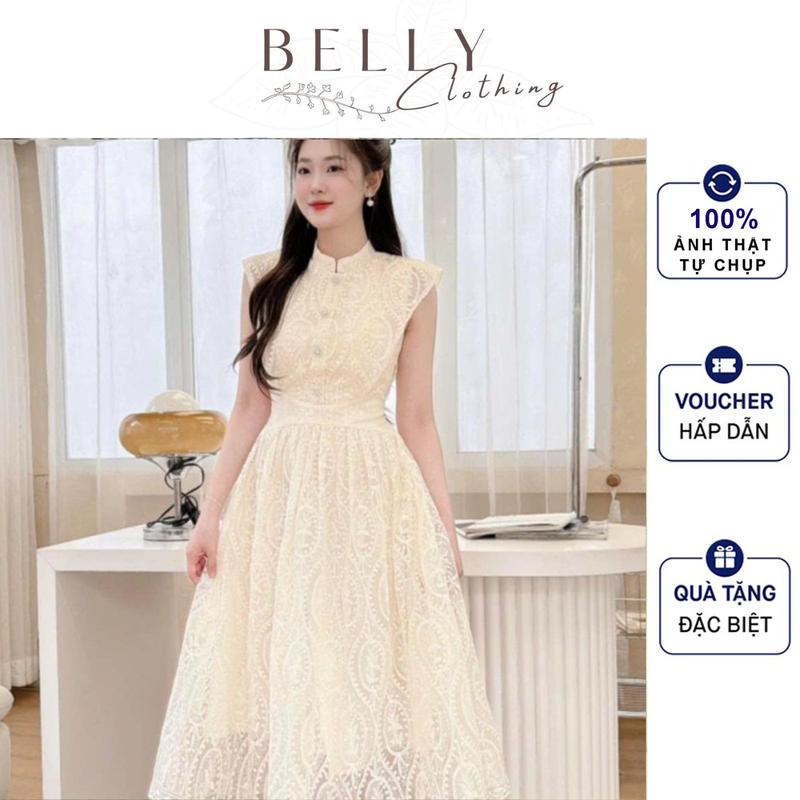 M58 - Váy Ren Tay Cánh Tiên Tiểu Thư BELLY Clothing, Form Dáng Dài Cổ Tròn Đính Cúc, Tay Cánh Tiên Sang Trọng - Nữ, Women Dress váy  đi tiệc đầm xòe
