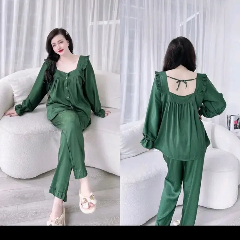 Bộ Ngủ Tb Pijama Chất Lụa Xước Cổ Vuông Tay Dài Quần Dài Cho Nữ - Nhung Nhung Tăm Áo Voi - Women, Size 1: 35-49kg, Size 2: 50-65kg - Nho, Quần Ngủ setdongu cute đồ  macnha 5
