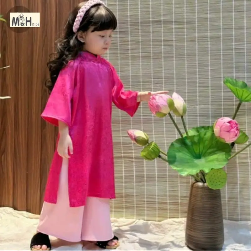 Bộ Áo dài truyền thống cho bé gái cao cấp đũi nhăn và gấm - Thương hiệu uy tín, tặng kèm bờm tóc tone suit tone - Sandal 3