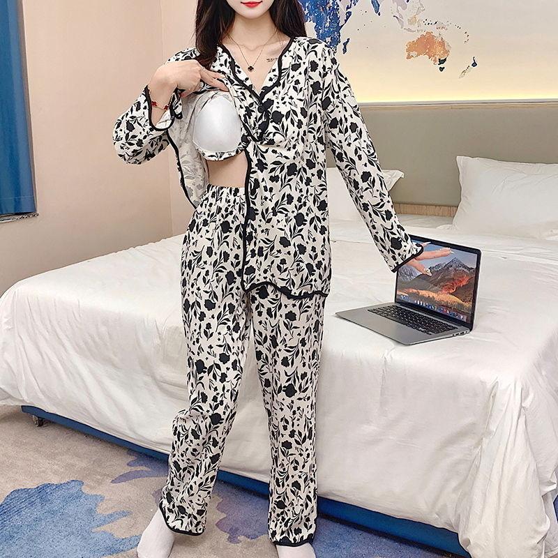 Product Introduction of Pajamas Loungewear with Chest Pads Women's Winter Cardigan Long Sleeve Long Pants Cartoon Cute Wearable Loungewear Set 1