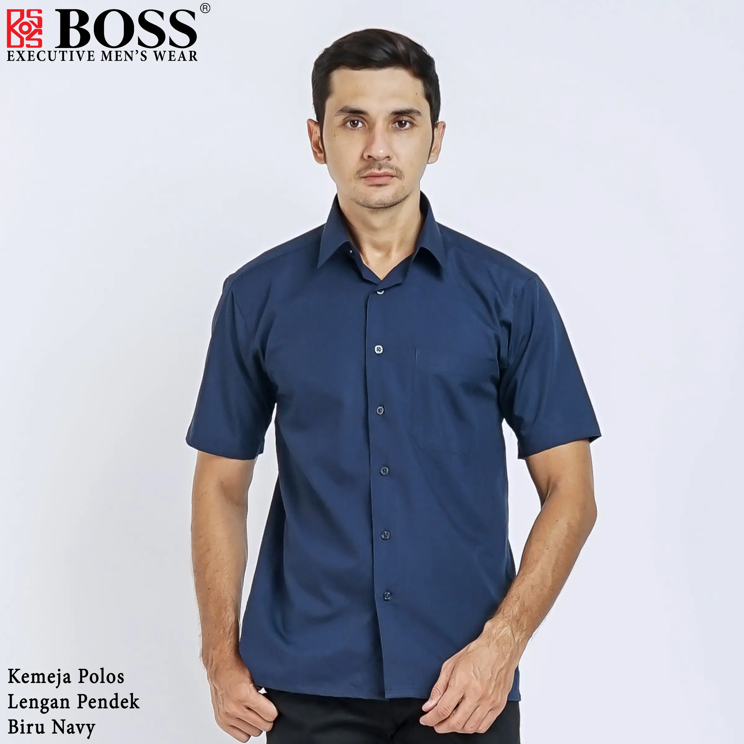 BOSS Kemeja Polos Pria Lengan Pendek Regular Fit Biru Navy
