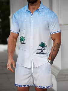 Two-Piece Set Men's Contrast Trim Tree Print Short Sleeve Shirt & Drawstring Waist Shorts, Regular Fit Casual Comfy Breathable Quick Drying Button Front Collared Top & Pocket Shorts for Beach Holiday Vocation, Summer Clothes Set for Men