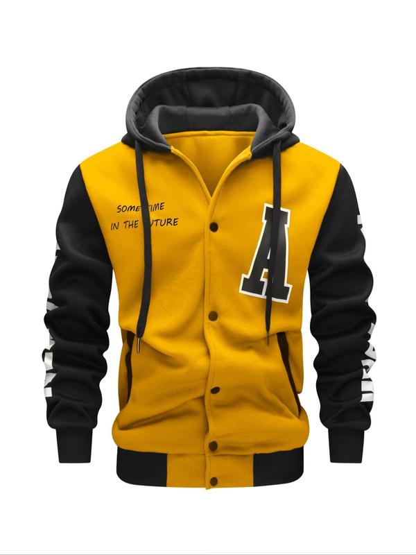 Men's Colorblock Letter Print Drawstring Button Front Hooded Jacket, Regular Fit Casual Pocket Long Sleeve Outerwear For Spring & Fall, Men's Clothes For Daily Wear 6