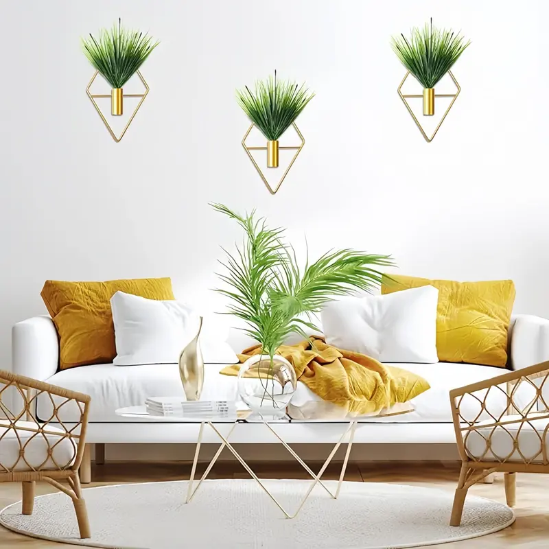 Product Introduction of Metal Wall Hanging Decor, 1 Pair Geometric Design Wall Hanging Plant Holder with Artificial Plant, Modern Wall Art for Home Bedroom Living Room Office 0