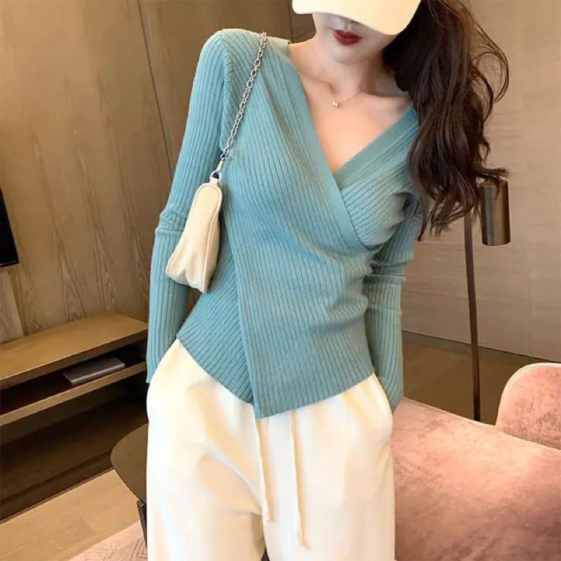 Eliza Knit Sweater Wanita V-neck Gaya Korea All-Match Pakaian Wanita Knit Baju Panjang 6