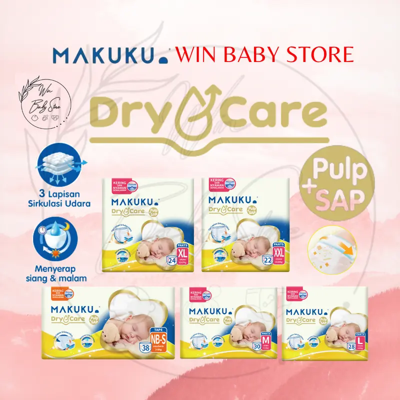 MAKUKU DRY CARE NBS38/M30/L28/XL24/XXL22 Popok Bayi Diapers Ruam 0