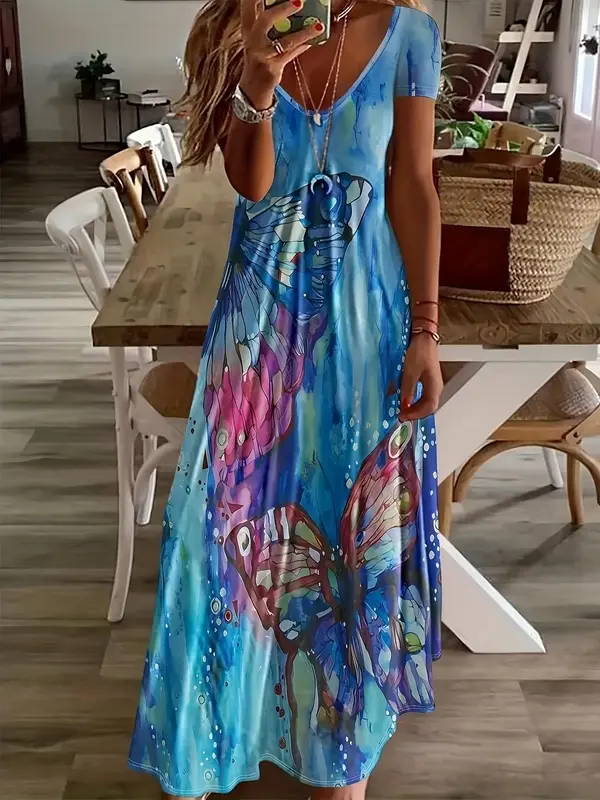 Women's Butterfly Print V Neck Dress, Fashion Casual Short Sleeve Long Dress for Daily Holiday Vacation Wear, Women Dress for Spring Fall 3