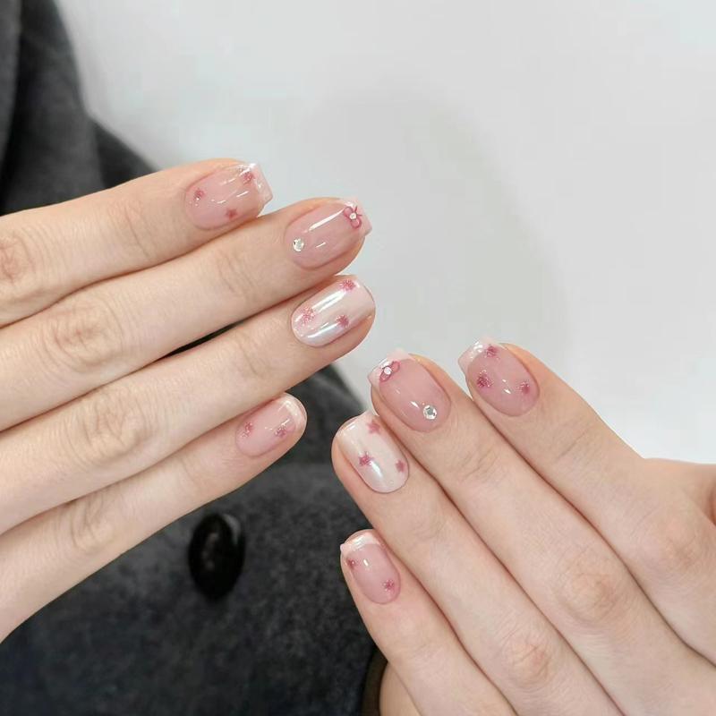 Simple French Removable Press On Nails Coffin Bow Metallic Nail Gems Classy Nails Hand Drawn Nail Tips 0