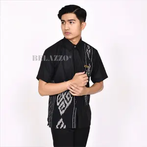 Atasan Kemeja Pria - BELAZZO Kemeja Hitam B Series Tenun Mix Katun Premium Motif Etnik Fit Panjang Pendek