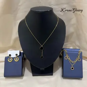 Perhiasan Wanita Mewah Kalung Permata Hitam, Gelang Layer Klip Romawi dan Anting Jazmine Hitam Bahan Titanium Kirana Glowry