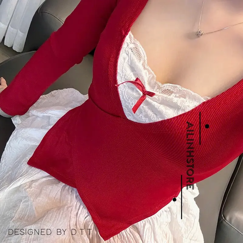 AILINH.STORE | Áo thun phối ren nơ tay dài 0