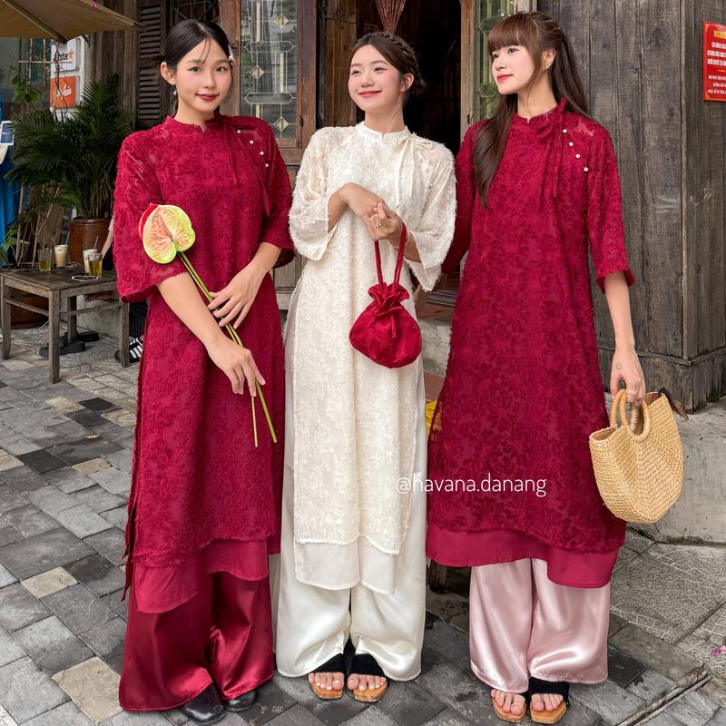 {HÀNG CÓ SẴN} Áo dài lông vũ YẾN PHƯỢNG phối buộc nơ cách điệu kèm quần phi bóng HAVANA AD89