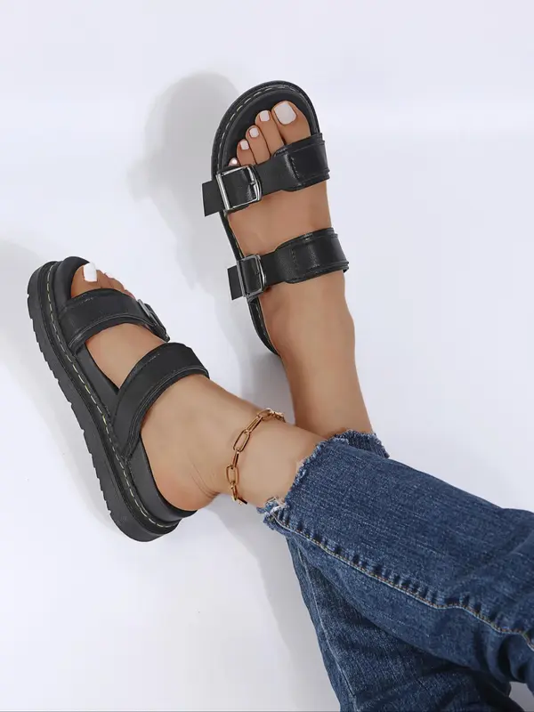 Women's Fashionable Plain Color Buckle Decorated Flat Sandals, Casual Comfortable Sandals for Summer, Lightweight Breathable Shoes for Daily Wear, Girl 6