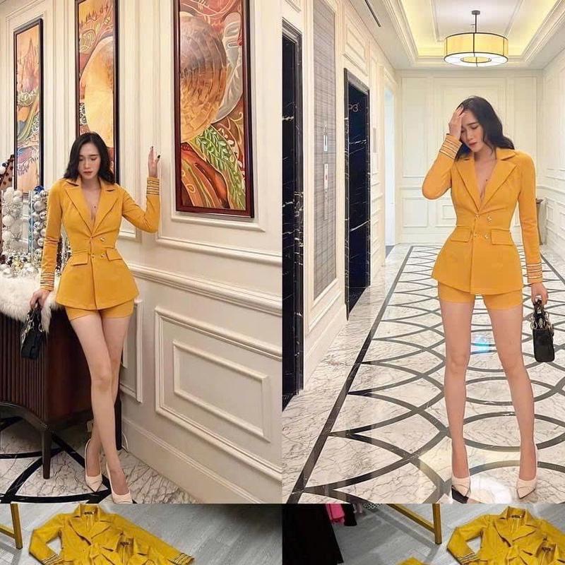 Bộ vet áo hai lớp kem quần hai màu đen đỏ Tay dài trẻ trung xinh đẹp Nữ 2