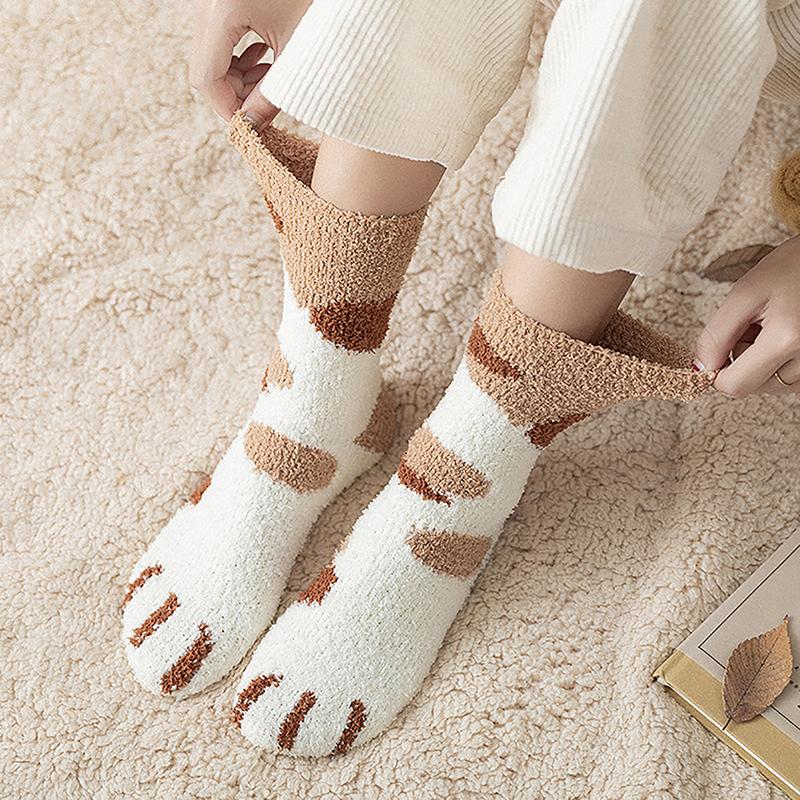 Product Introduction of Winter New Striped Cartoon Cat Claws Warm Thickened Sleeping Socks For Women 15