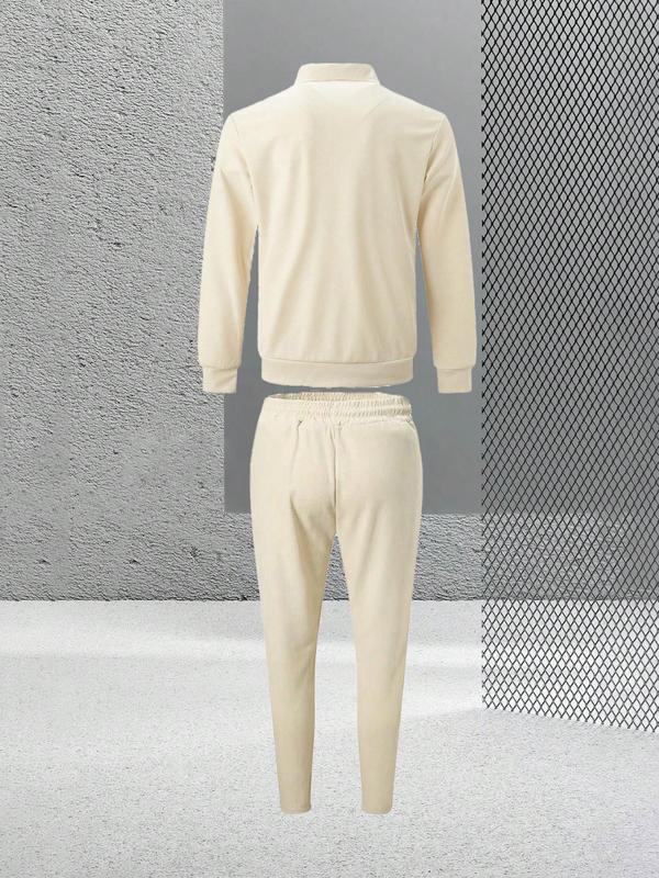 Men's Solid Waffle Zip Up Jacket & Top-stitching Drawstring Waist Sweatpants Set, Regular Fit Casual Long Sleeve Collared Outerwear & Pocket Pants for Daily Wear, Men's Outfits for All Seasons 4