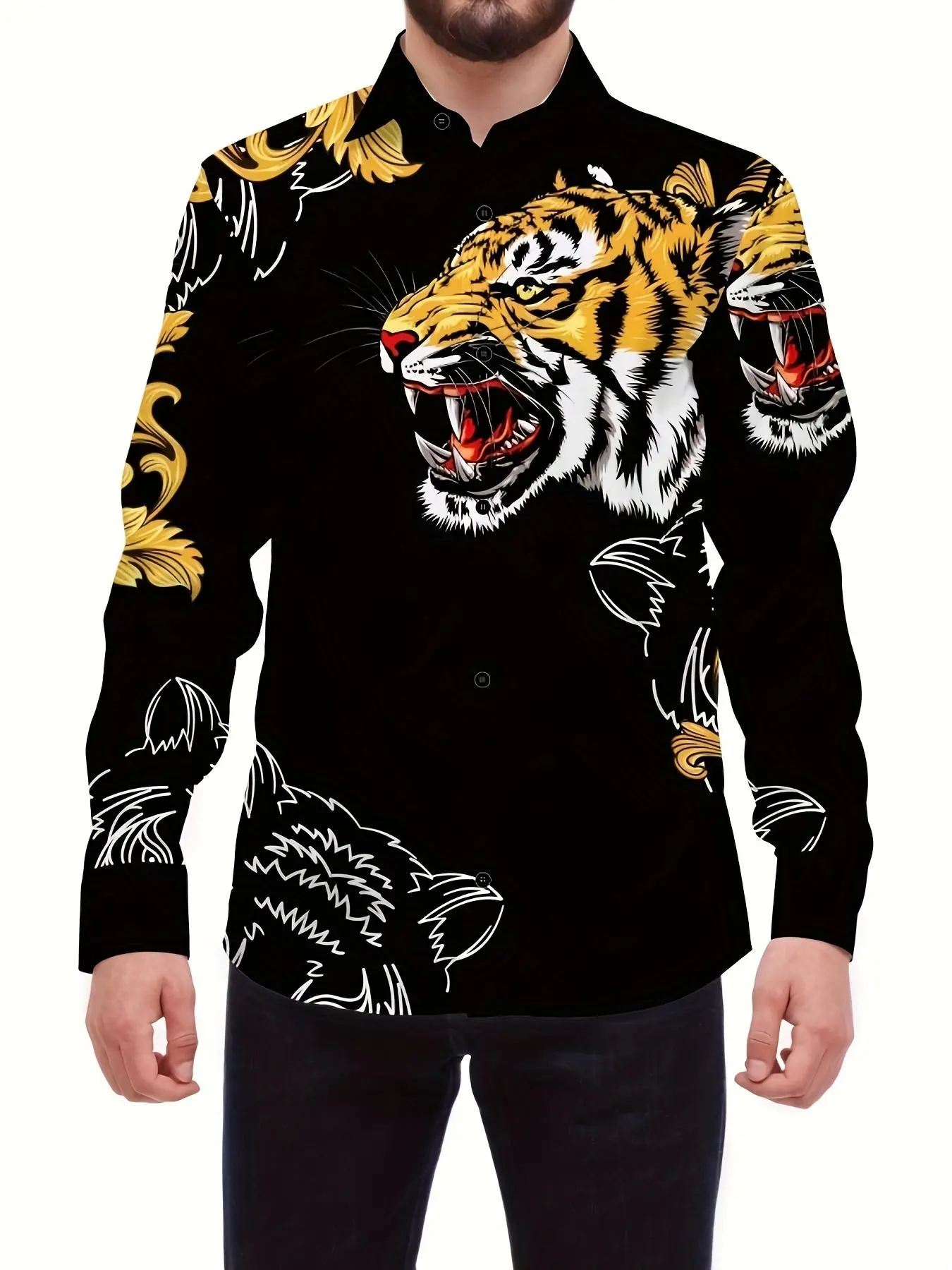 Men's Regular Fit Tiger Print Long Sleeve Button Collar Shirt, Casual Comfy Top for Spring & Fall, Men's Clothes for Daily Wear