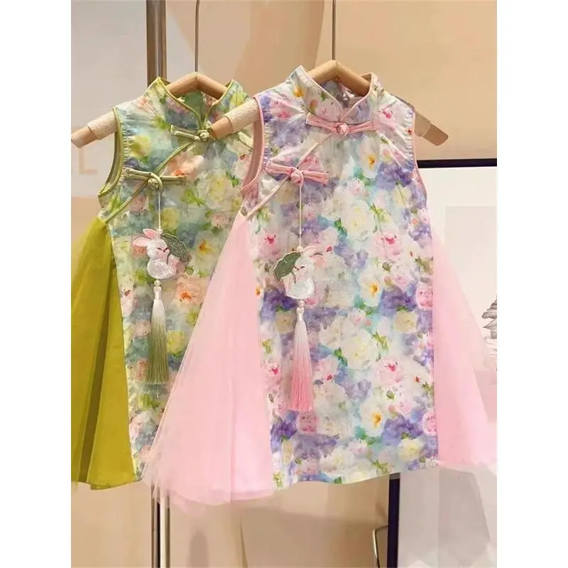 Dress Anak Perempuan Import Model Cheongsam Bunga Rabbit Brokat Tutu Kerah Tinggi Fashionable 2