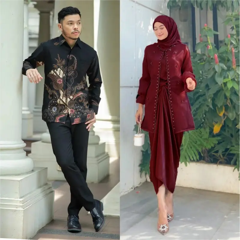 Baju batik couple pasangan lamaran wisuda tunangan kekinian oneset clarisa jemma organza polos wanita terbaru ootd engagiment rok lilit 7
