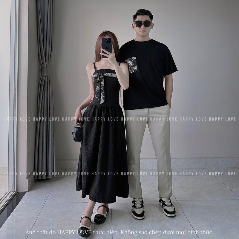Product Introduction of Đồ đôi nam nữ mùa hè hàn quốc áo thun nam váy nữ dáng dài màu đen kèm dây thắt nơ HAPPYLOVE H181 8