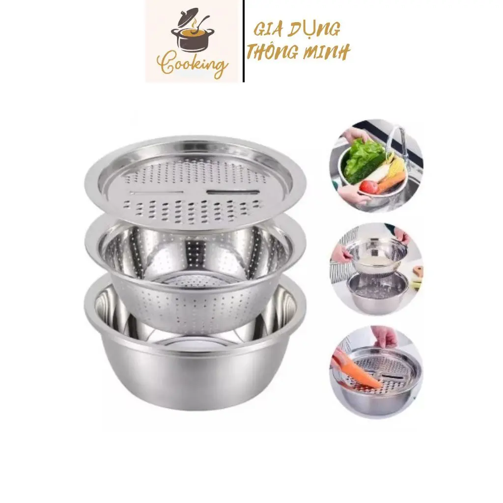 Bộ thau rổ bào - bộ dụng cụ bào đa năng - bộ 3 món bào nạo rau củ kiêm rổ và chậu inox cao cấp