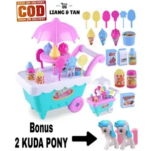 ( BISA COD ) PROMO Mainan Anak Gerobak Es Krim Permen Keranjang Bonus 2 Kuda Pony Anak-anak Play Set Makanan Penutup Trolley Mainan Puzzle / Mainan Edukasi Anak / Mainan Anak Laki Laki / Mainan Anak Perempuan SNI Murah