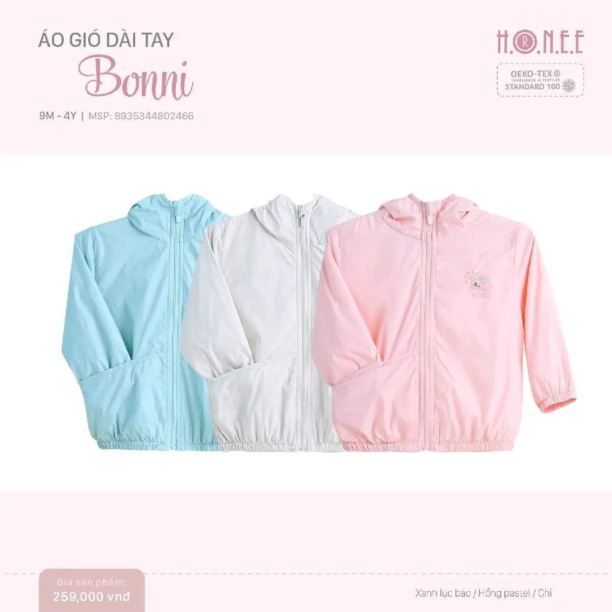 GB K18: Áo gió dài tay BONNI của Hrnee cho bé siêu mềm mại. size 6-9m đến 3-4 tuổi