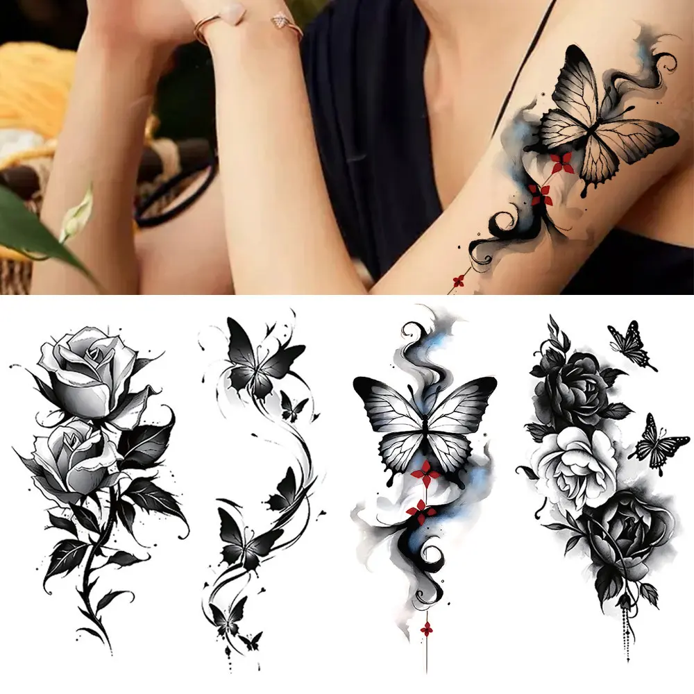 2024 Waterproof Temporary Tattoo Sticker Black Flower Butterfly Beauty Rose for Women 3D Body Arm Art Fake Tattoos