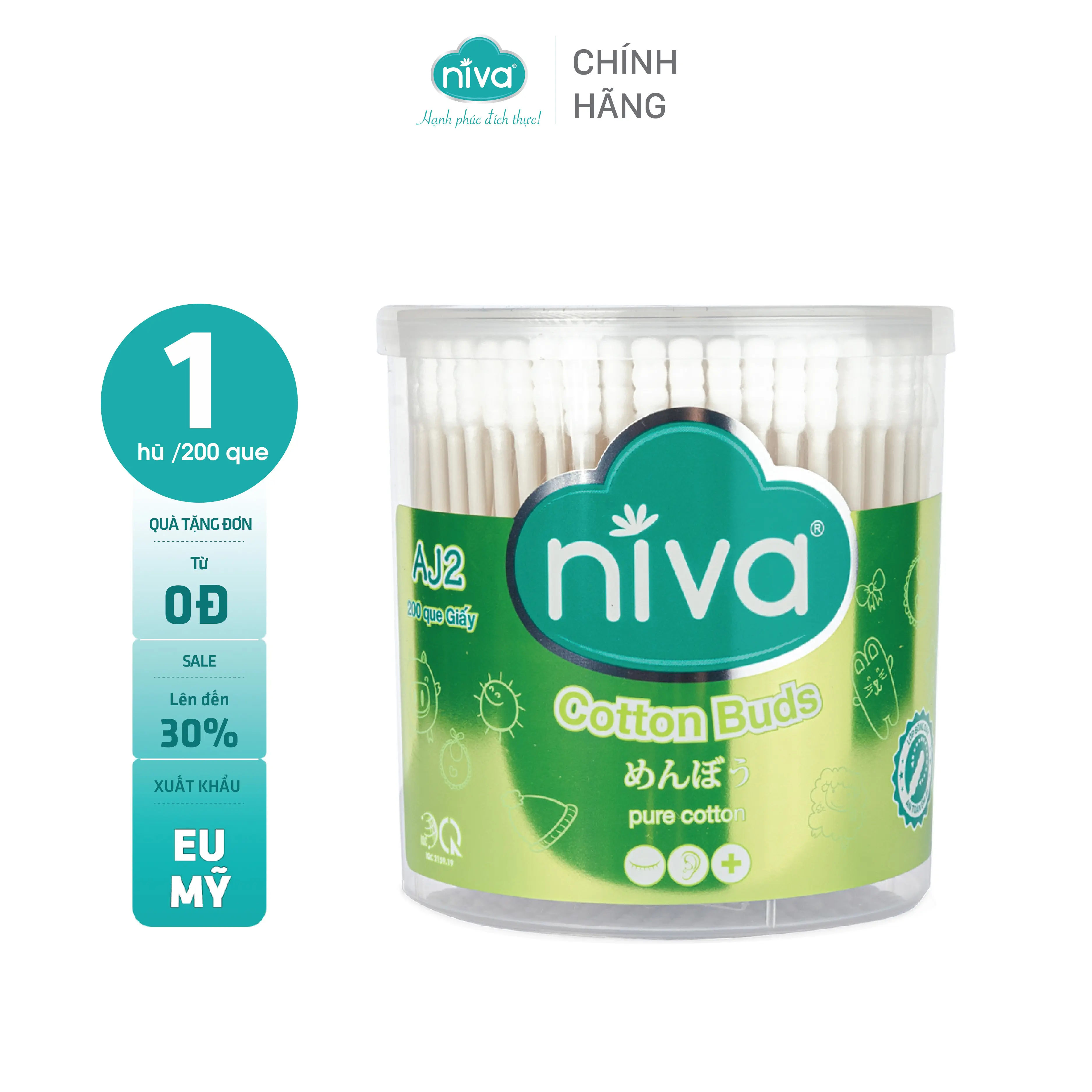 Hũ Tăm Bông NIVA Dành Cho Người Lớn Hũ 200 Que Giấy Aj2 Bông Từ Thiên Nhiên An Toàn Thân Thiện Với Môi Trường