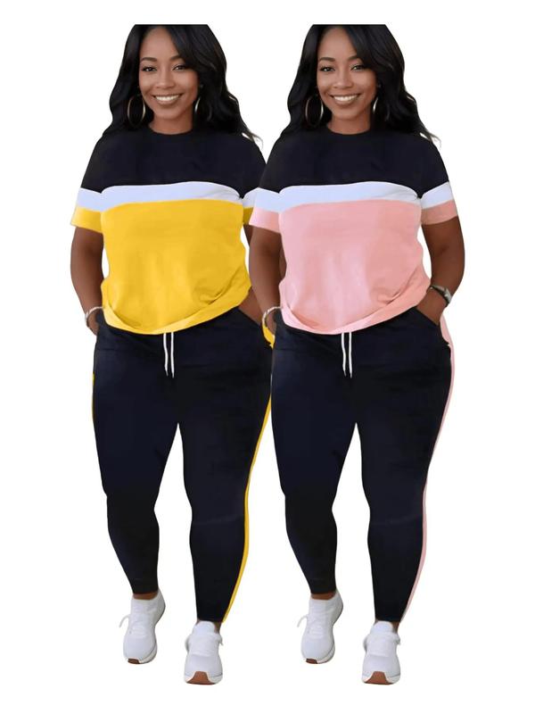 Lovelywholesale Two-piece Set Plus Size Colorblock Short Sleeve Tee & Drawstring Pocket Jogger Pants Set, Mean Girls Outfit, Co-ord Set for Women, Comfort Lady Co Ord Set, Casual Summer Clothes Set, Plus Size 2 Piece Sets 5