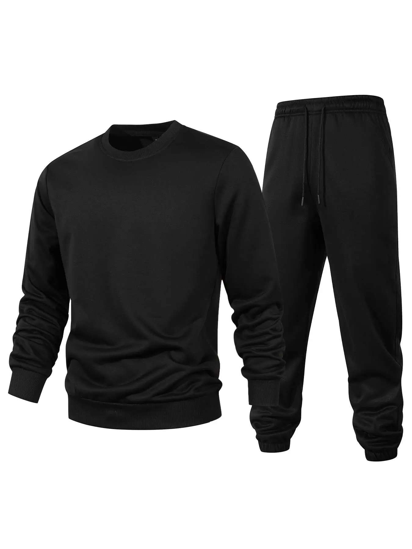 Men's Solid Color Round Neck Sweatshirt & Drawstring Waist Sweatpants Two-piece Set, Regular Fit Casual Comfy Long Sleeve Crew Neck Pullover & Pocket Jogger Pants, Men's Two-piece Outfits for Fall & Winter