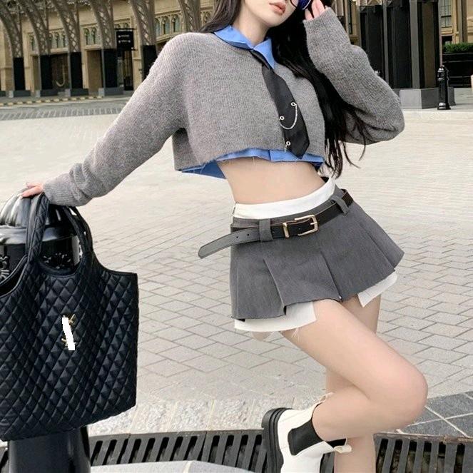 Chân váy ngắn xẻ trước phối trắng k kèm thắt lưng 1