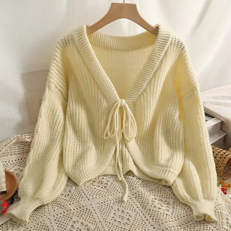 【Jooseke】5 Colors Korean Knitted Sweater Sweet and Loose Plue Size Lace-up Long-sleeved Cardigan