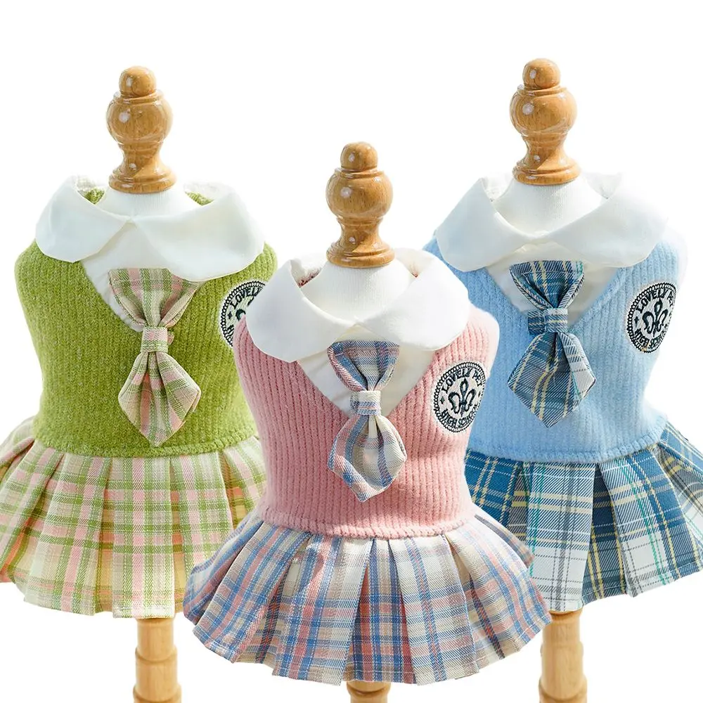 Pet Autumn and Winter Wool JK Plaid Dress Small and Medium-Sized Dogs Teddy Bichon Corgi Dog Cat Clothing Supplies
