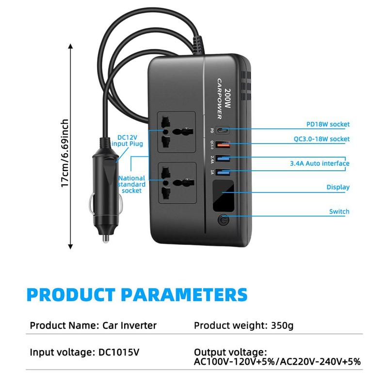 Product Introduction of 200W Car Power Inverter, Car Power Inverter with Multi Ports Charger, Portable Compact Inverter Socket Charger 1