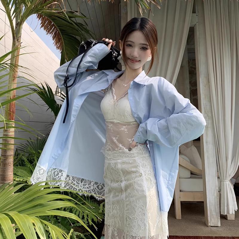 Áo Sơ Mi Dài Tay Dáng Rộng Khâu Ren, Dành Cho Nữ, Vải Polyster Và Cotton, Cổ Polo, Thiết Kế Đẹp, Phong Cách Kỳ Nghỉ, Chống Nắng, Hàng Mới Về Mùa Xuân Và Mùa Hè 2025 2