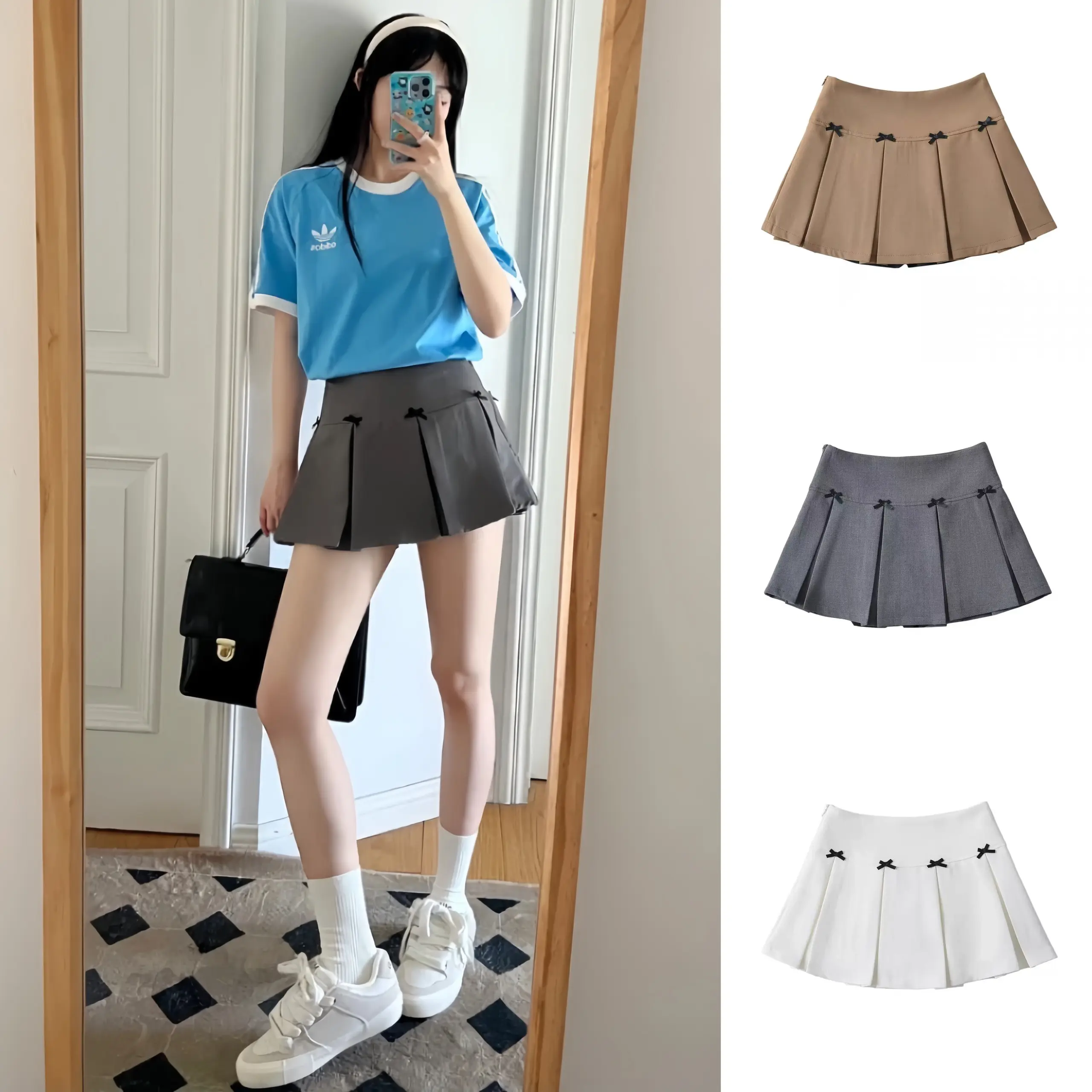Chân váy xếp ly đính nơ vải cao cấp cứng cáp