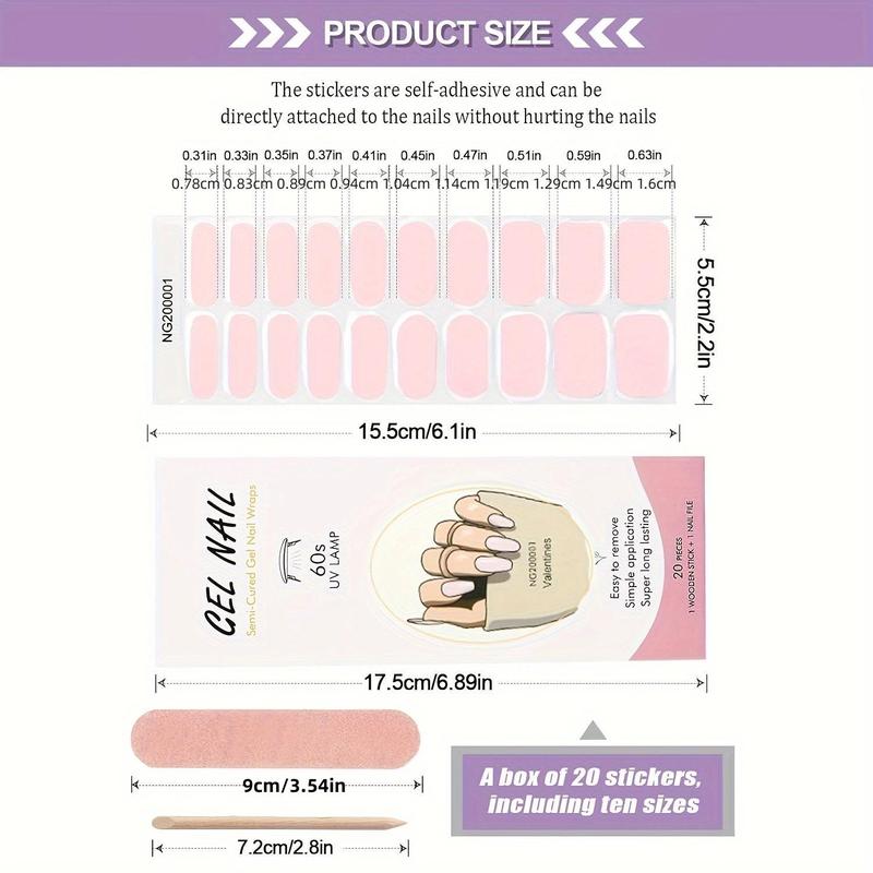 Product Introduction of Semi-cured Gel Nail Strips with Nail File & Stick (20pcs/set), Soak off UV Gel Nail Art Sticker, Full Cover Nail Decals, Nail Art Decoration for Women & Girls 8