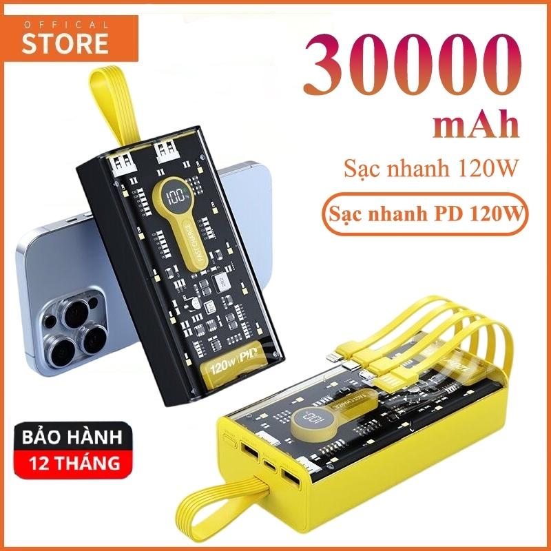 Sạc dự phòng 30000mAh cổng sạc nhanh 120W pd20W kèm 4 đầu cáp sạc màn hình led bảo hành 12 tháng