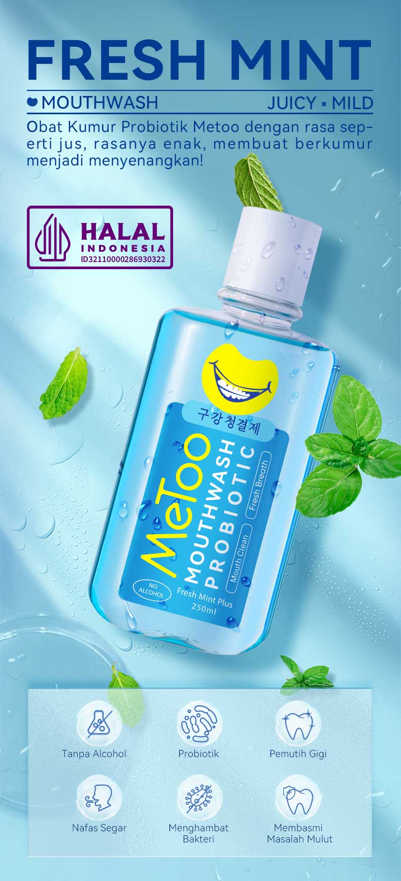[BPOM] MeToo Mouthwash Fresh Mint 100ml /nafas segar / menghilangkan bau mulut / kumur karang gigi / non-alkohol