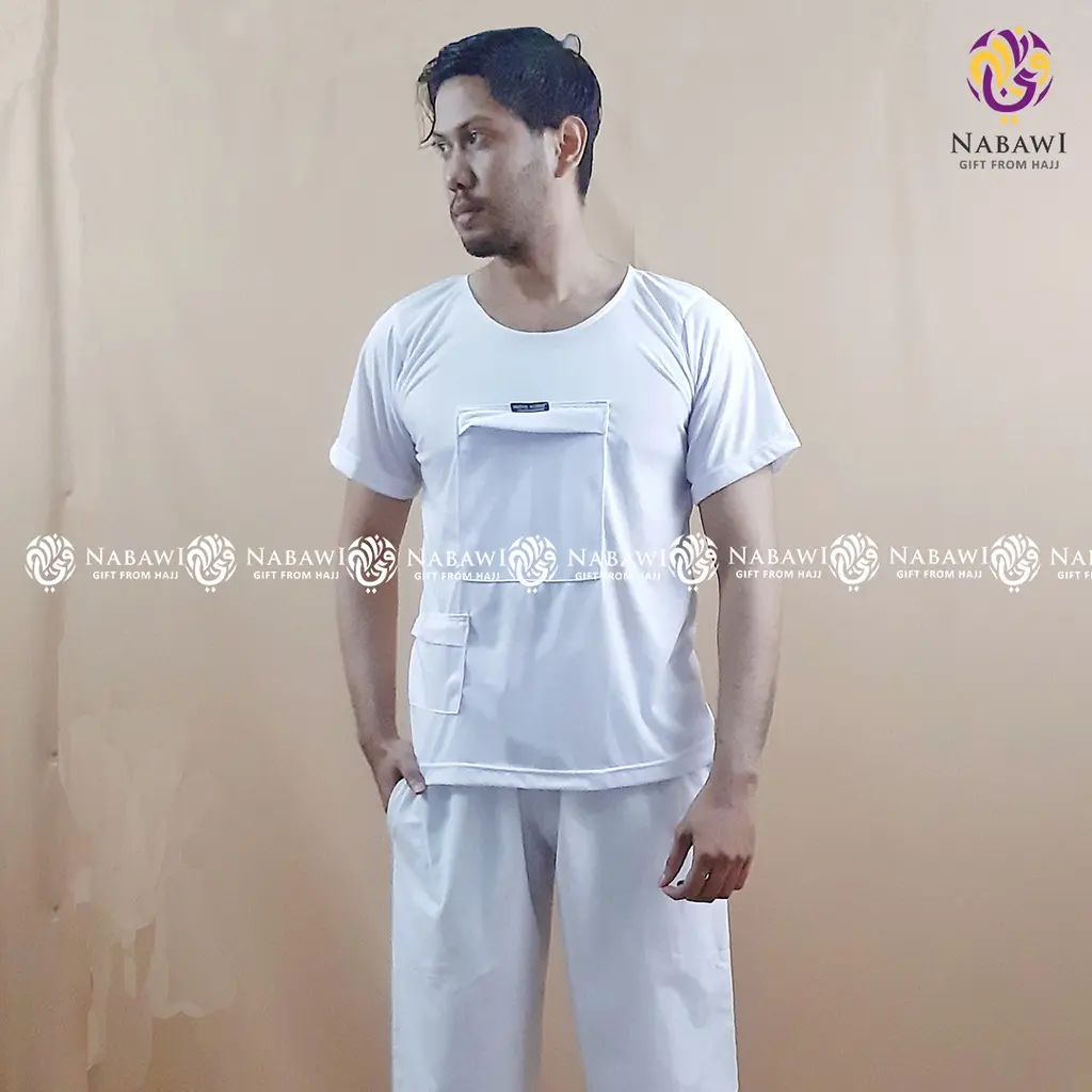 Kaos Haji Umroh Pria Tangan Pendek Kantong Bahan Semi Katun Nyaman Baju Polos Putih Perlengkapan Haji Umroh