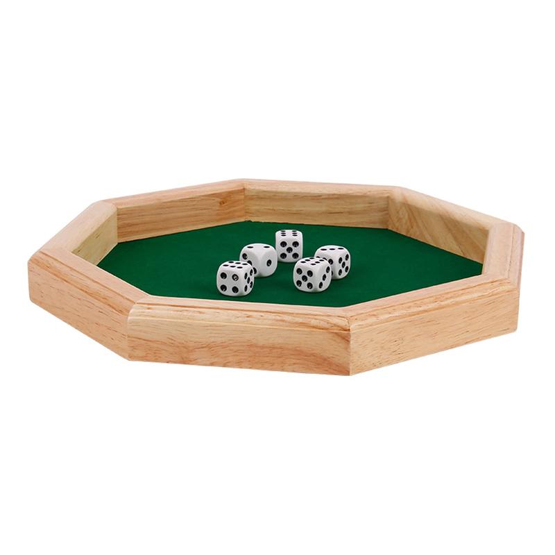 Product Introduction of Wooden Octagonal Dice Tray, 1 Count Dice Tray with 5 Dice, Fun Family Toy, Party Board Game, Adult Bar Dice Game 6