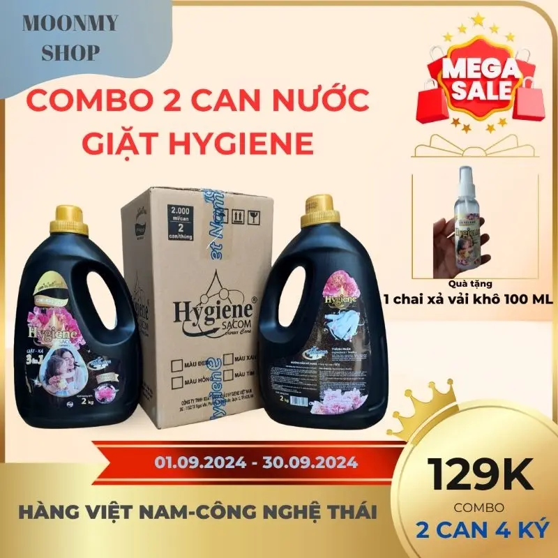 (Trợ giá)Combo 2 can màu Đen Nước giặt Hygiene SACOM 3in1 Việt Nam SX theo công nghệ Thái, can 2ký Làm Sạch