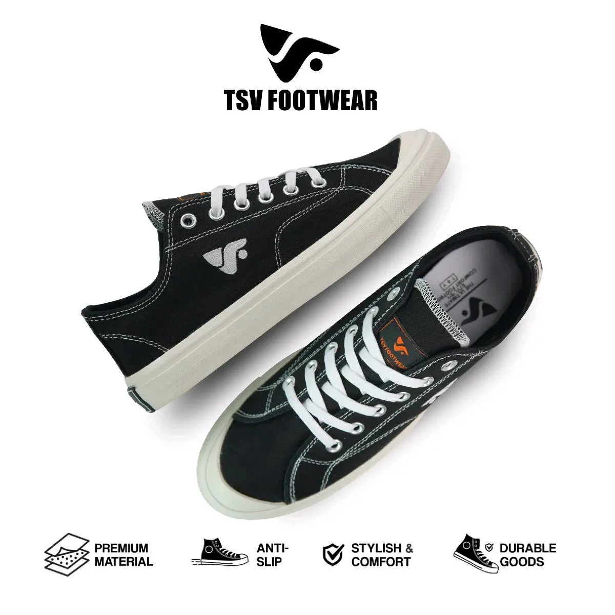Sepatu Tsv footwear-rivery low unisex-Sepatu cewek Sepatu cowok sneakers low black 36-43 sepatu lokal brand.Sepatu hitam.sepatu sekolah Canvas Casual Musim dingin Musim panas Hak Datar Karet Wanita
