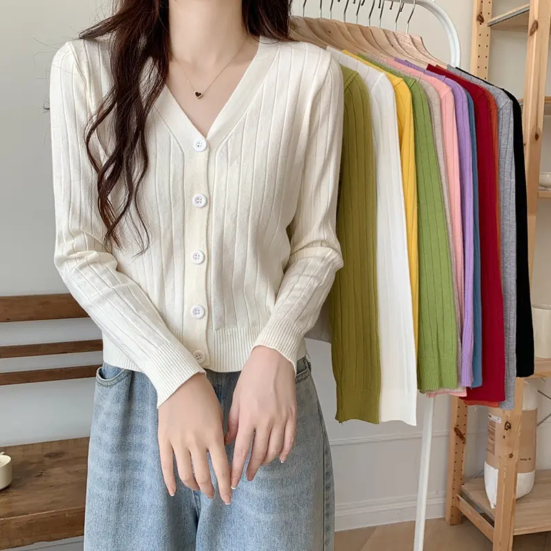 Áo Cardigan Dệt Kim, Cổ Chữ V, Dài Tay, Bó Sát, 13 Màu, Phong Cách Cơ Bản, Áo Sơ Mi Lớp Nền Đồ Len, Dễ Phối Đồ Phong Cách Hàn Quốc, Áo Mỏng, Dành Cho Nữ Women Top