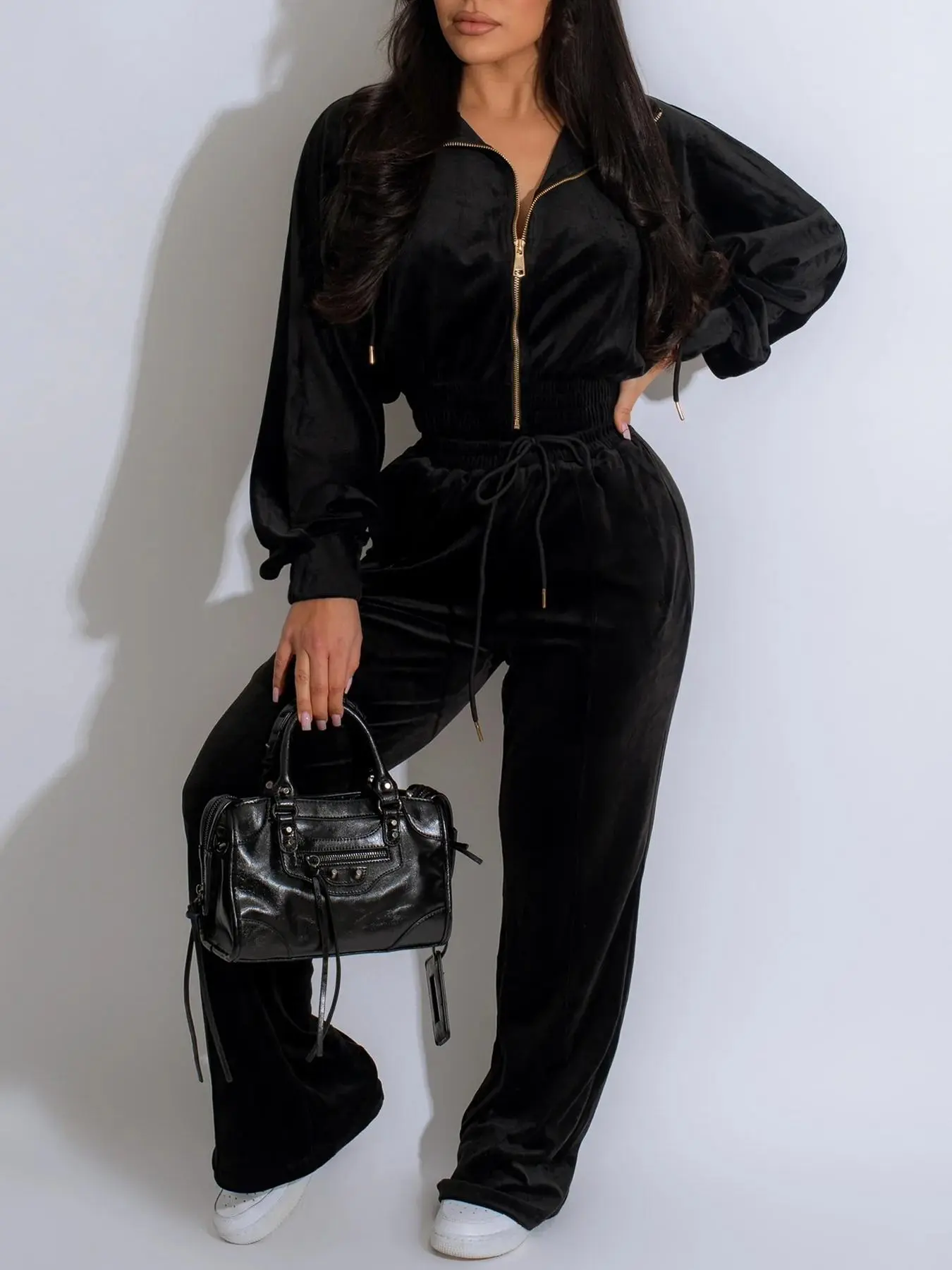 Women's Solid Drawstring Zip Up Jacket & Pocket  Elastic Waist Pants Two-piece Set, Casual Fashion Cozy Two Piece Outfits for Daily Outdoor Wear, Women Clothes for Fall & Winter
