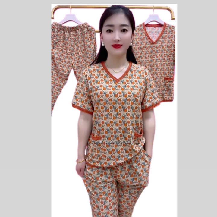Bộ Đồ Trung Niên cho mẹ CỔ TIM, họa tiết HOA quần dài ,tay Cộc Chất thun Aty mặc mát ,co giãn 4 chiều dễ chịu Women Ong Áo Top 0