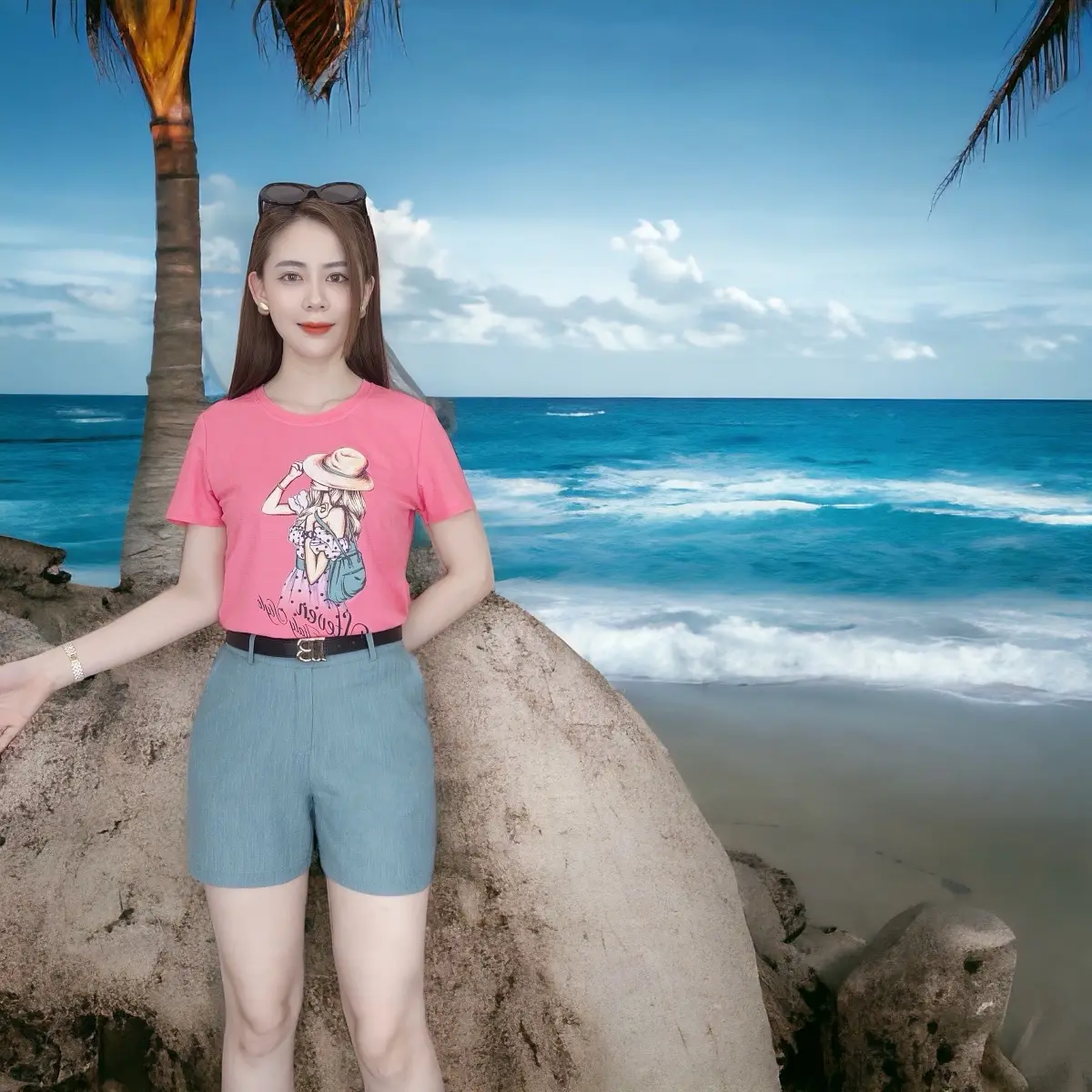 Bộ áo in hình cô gái áo cốt tông quần Jin lụa Cotton Trắng Women Nhung dobo nguoi